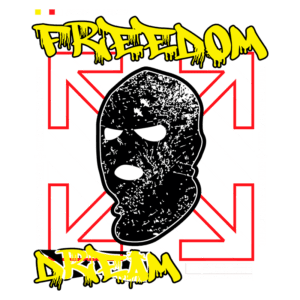 Design de camiseta streetwear de edição limitada com as palavras "FREEDOM" e "DREAM", apresentando uma máscara estilizada em preto e um fundo gráfico colorido. Ideal para fãs de moda urbana e expressões artísticas.
