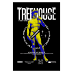 Imagem de um pôster artístico intitulado "Treehouse", com fundo preto e elementos em amarelo e azul. Apresenta a escultura "David" de Michelangelo, com uma faixa de censura. O design inclui informações sobre a obra e a data 2021, destacando a fusão de arte clássica e contemporânea.