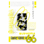 Design gráfico moderno com texto estilizado e cores vibrantes, apresentando a palavra "Euphoria" e elementos visuais dinâmicos, destacando a frase "Rise Rise Rise" e a numeração "66". Ideal para projetos criativos e de arte contemporânea.