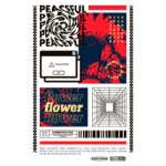 Imagem com design gráfico colorido e estilizado, apresentando elementos como flores, um aviso de computador com a mensagem "seja você mesmo" e a palavra "peaceful" repetida. O layout combina diferentes texturas e padrões, promovendo uma mensagem de autoestima e tranquilidade. Ideal para temas de moda urbana e bem-estar.