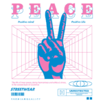 Imagem estilizada com a palavra "PEACE" em destaque, simbolizando paz e positividade. A ilustração apresenta uma mão fazendo o sinal de paz em um fundo geométrico, com cores vibrantes. O design é voltado para moda streetwear, promovendo uma mensagem de harmonia e vida sem estresse.