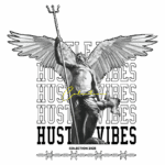 Imagem de uma estátua de figura mitológica com asas, segurando um tridente, sobre um fundo com a frase "HUSTLE VIBES" repetida. Inclui o texto "Coleção 2023". Design moderno e artístico.