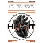 Design gráfico de edição limitada com um coração estilizado, incorporando elementos futuristas e tecnológicos. O texto destaca temas como "FUTURE" e "HUMAN ERA", refletindo a fusão de arte e moda streetwear. Ideal para entusiastas de moda e cultura urbana.