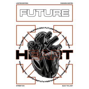 Design gráfico de edição limitada com um coração estilizado, incorporando elementos futuristas e tecnológicos. O texto destaca temas como "FUTURE" e "HUMAN ERA", refletindo a fusão de arte e moda streetwear. Ideal para entusiastas de moda e cultura urbana.