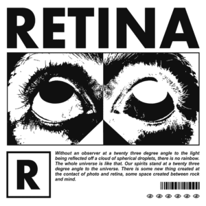 Imagem com duas ilustrações de olhos humanos, acompanhadas do texto "RETINA" em destaque. A arte explora a relação entre percepção e universo, enfatizando a importância do observador na experiência visual. Design gráfico com fundo verde e detalhes em preto.