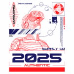 Imagem com design gráfico futurista representando uma figura usando óculos de realidade virtual, com elementos visuais relacionados ao metaverso e texto destacando "2025" e "AUTHENTIC". O fundo é verde, e há detalhes em vermelho e azul, criando um efeito dinâmico e moderno.