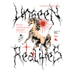 Imagem artística com um cavalo branco em destaque, cercado por elementos gráficos em estilo gótico, incluindo texto que diz "Unseen Realities" e símbolos como uma estrela e uma aranha. A composição combina ilustrações vintage com um fundo colorido e elementos de design contemporâneo.