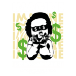 Ilustração de uma criança com óculos escuros e símbolos de dólar, acompanhada da palavra "IMAGINE" em destaque. O design inclui frases motivacionais como "Seja consciente. Seja grato. Seja positivo. Seja verdadeiro. Seja gentil." e a marca "CRAZY RICH". Ideal para produtos relacionados a estilo de vida e motivação financeira.