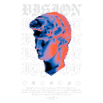 Imagem de uma escultura estilizada de um rosto humano em tons de azul e rosa, com o texto "VISION" em destaque ao fundo. A imagem explora a complexidade do sistema visual humano e a importância da lente biológica na formação de imagens.