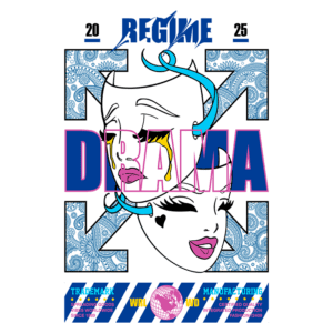 Imagem com design gráfico vibrante apresentando as palavras "DRAMA" e "REGIME" em destaque, acompanhadas de ilustrações estilizadas de rostos. O fundo é decorado com padrões intrincados, enfatizando a estética moderna e artística. Ideal para representar moda e cultura contemporânea.