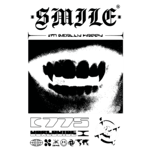 Imagem de um sorriso estilizado em preto e branco com dentes afiados, acompanhada de elementos gráficos e texto que diz "SMILE" e "I'M REALLY HAPPY". Design moderno e impactante, ideal para moda urbana.
