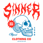 Design gráfico da marca Sinner, apresentando um crânio estilizado em azul e vermelho, com a inscrição "VNTG DSGN" e "LIMITED EDITION". Data de 1998 e a frase "The Original Clothing Co" destacada. Ideal para moda alternativa e streetwear.