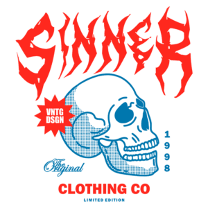Design gráfico da marca Sinner, apresentando um crânio estilizado em azul e vermelho, com a inscrição "VNTG DSGN" e "LIMITED EDITION". Data de 1998 e a frase "The Original Clothing Co" destacada. Ideal para moda alternativa e streetwear.