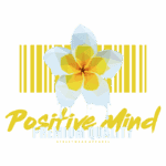 Logotipo da marca "Positive Mind" com flor estilizada e elementos gráficos em amarelo e branco, destacando a qualidade premium de roupas streetwear.