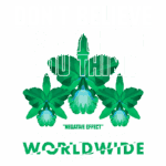 Texto em destaque com a frase "Don't believe everything you think" e elementos gráficos de flores verdes, promovendo uma mensagem de positividade e gratidão. Ideal para temas de autocuidado e reflexão pessoal.