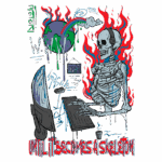 Esqueleto usando fones de ouvido, sentado em frente a um computador, com um fundo vibrante de chamas e elementos de arte digital, simbolizando a conexão entre tecnologia e a mortalidade.