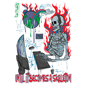 Esqueleto usando fones de ouvido, sentado em frente a um computador, com um fundo vibrante de chamas e elementos de arte digital, simbolizando a conexão entre tecnologia e a mortalidade.