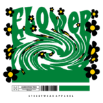 Design gráfico de camiseta de streetwear com o tema "Flower", apresentando um padrão de flores pretas e amarelas em um fundo verde. O texto estilizado "FLOWER" se destaca em um efeito de movimento espiral. Ideal para amantes da moda urbana e do estilo descontraído.