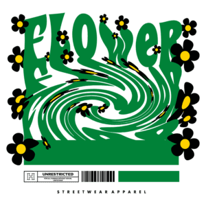 Design gráfico de camiseta de streetwear com o tema "Flower", apresentando um padrão de flores pretas e amarelas em um fundo verde. O texto estilizado "FLOWER" se destaca em um efeito de movimento espiral. Ideal para amantes da moda urbana e do estilo descontraído.