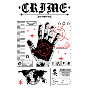 Imagem artística com uma mão estilizada em preto e branco, cercada por elementos gráficos em vermelho, incluindo um alvo e ícones de reciclagem, perigo e mundo. O design incorpora a palavra "CRIME" em destaque, refletindo uma estética urbana e provocativa. Ideal para discussões sobre arte contemporânea e cultura visual.