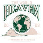 Design gráfico com o texto "THE WORLD HEAVEN 2023", apresentando uma ilustração da Terra cercada por nuvens e raios. O design reflete a temática de memórias e escolhas pessoais, associando céu e inferno à percepção individual. Ideal para moda streetwear.