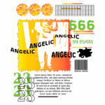 Imagem com design gráfico vibrante apresentando elementos como texto estilizado "ANGELIC", números 666 e 23, além de gráficos e padrões coloridos. A composição evoca um estilo moderno e urbano, ideal para projetos de arte contemporânea ou moda.
