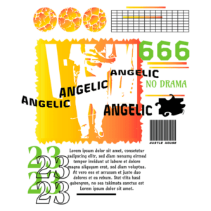 Imagem com design gráfico vibrante apresentando elementos como texto estilizado "ANGELIC", números 666 e 23, além de gráficos e padrões coloridos. A composição evoca um estilo moderno e urbano, ideal para projetos de arte contemporânea ou moda.