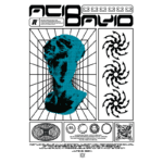 Imagem estilizada de uma escultura em pixel art da cabeça de David, com fundo geométrico e elementos gráficos em azul. Inclui detalhes sobre a obra e QR code para mais informações.