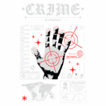 Imagem gráfica com a palavra "CRIME" e uma mão estilizada em preto e branco, destacada por alvos vermelhos, acompanhada de símbolos relacionados a perigo, reciclagem e controle global. Elementos incluem um globo terrestre, ícones de advertência e informações de segurança.