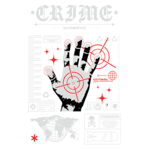 Imagem gráfica com a palavra "CRIME" e uma mão estilizada em preto e branco, destacada por alvos vermelhos, acompanhada de símbolos relacionados a perigo, reciclagem e controle global. Elementos incluem um globo terrestre, ícones de advertência e informações de segurança.