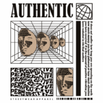 Imagem de design gráfico com o texto "AUTHENTIC" e elementos visuais de rostos em perspectiva, destacando o conceito de autenticidade na moda streetwear. O fundo apresenta uma grade tridimensional, enquanto a palavra "PERSPECTIVE" é repetida em várias fontes. Ideal para representar a cultura urbana e a criatividade.