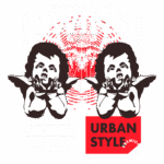 Design gráfico de roupa streetwear com a palavra "TWINS" em destaque, acompanhada de ilustrações de anjinhos e elementos urbanos, representando estilo moderno e qualidade premium.