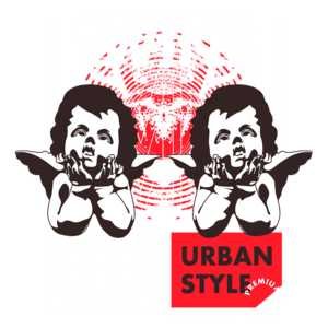 Design gráfico de roupa streetwear com a palavra "TWINS" em destaque, acompanhada de ilustrações de anjinhos e elementos urbanos, representando estilo moderno e qualidade premium.