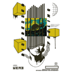 Design gráfico com a frase "Distressed Feeling", apresentando uma figura humana estilizada com uma cabeça coberta por linhas verticais, cercada por cubos amarelos e uma representação de um pôr do sol sobre o mar. Elementos de arte moderna e referências visuais que evocam emoções de estresse e introspecção.