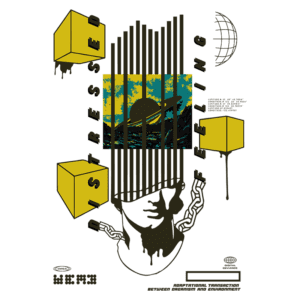Design gráfico com a frase "Distressed Feeling", apresentando uma figura humana estilizada com uma cabeça coberta por linhas verticais, cercada por cubos amarelos e uma representação de um pôr do sol sobre o mar. Elementos de arte moderna e referências visuais que evocam emoções de estresse e introspecção.