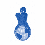Imagem digital artística com figuras de anjos azuis sentados sobre um globo terrestre. O design inclui elementos gráficos em branco como a palavra "ACID", “FUCK LOVE”, e o ano “1996”. O fundo é verde, destacando a composição vibrante e contemporânea. Ideal para temas de cultura pop e expressões artísticas.