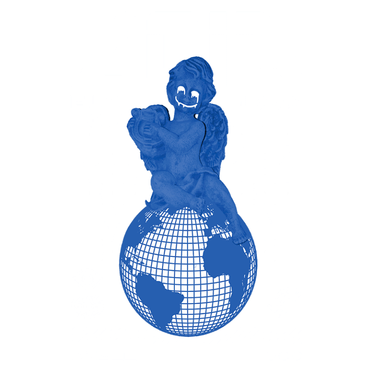Imagem digital artística com figuras de anjos azuis sentados sobre um globo terrestre. O design inclui elementos gráficos em branco como a palavra "ACID", “FUCK LOVE”, e o ano “1996”. O fundo é verde, destacando a composição vibrante e contemporânea. Ideal para temas de cultura pop e expressões artísticas.