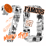 Design gráfico com o número 70 em destaque, acompanhado da palavra "FAMOUS" e o número 27. O fundo apresenta uma colagem de anúncios vintage e elementos gráficos, com referências a Los Angeles, Califórnia. A arte incorpora um estilo retrô, ideal para moda e cultura urbana.