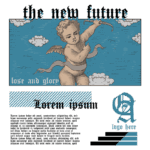 Ilustração de um anjo com arco e flecha em um céu azul, acompanhada do texto "the new future" e "lose and glory". Design gráfico com elementos de arte vintage e fundo verde.