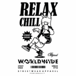 Desenho de camiseta com a frase "Relax Chill", destacando um personagem estilizado em um estilo urbano. Inclui elementos de streetwear e a marca "Worldwide" em destaque, representando moda casual e contemporânea.
