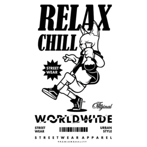 Desenho de camiseta com a frase "Relax Chill", destacando um personagem estilizado em um estilo urbano. Inclui elementos de streetwear e a marca "Worldwide" em destaque, representando moda casual e contemporânea.