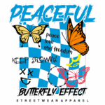 Design gráfico de roupa streetwear com tema "Butterfly Effect", apresentando borboletas coloridas, uma grade quadriculada azul e branca, e frases inspiradoras sobre paz, amor e liberdade.