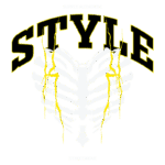 Design gráfico de camiseta streetwear com a inscrição "STYLE" em destaque, apresentando um padrão de costelas estilizadas e detalhes em amarelo. Ideal para amantes da moda urbana e autêntica.