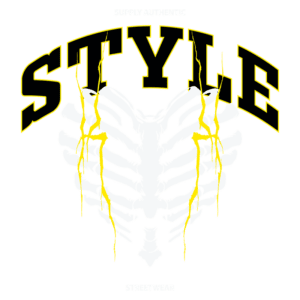 Design gráfico de camiseta streetwear com a inscrição "STYLE" em destaque, apresentando um padrão de costelas estilizadas e detalhes em amarelo. Ideal para amantes da moda urbana e autêntica.