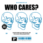 Design gráfico com três crânios estilizados em azul, acompanhados da frase "WHO CARES?" em destaque. A imagem apresenta uma estética de streetwear, destacando a autenticidade e a liberdade de expressão, ideal para a promoção de moda urbana.
