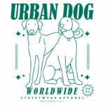 Imagem de dois cães estilizados com a inscrição "Urban Dog Worldwide" e "Streetwear Apparel" em um design moderno e minimalista, representando uma marca de moda urbana para amantes de cães.