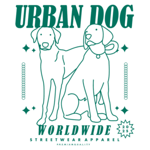 Imagem de dois cães estilizados com a inscrição "Urban Dog Worldwide" e "Streetwear Apparel" em um design moderno e minimalista, representando uma marca de moda urbana para amantes de cães.