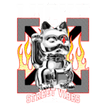 Imagem de um gato maneki-neko prateado com um olho vermelho, cercado por chamas e elementos gráficos em estilo street art, com as palavras "LUCKY" e "STREET VIBES" em destaque.