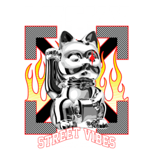 Imagem de um gato maneki-neko prateado com um olho vermelho, cercado por chamas e elementos gráficos em estilo street art, com as palavras "LUCKY" e "STREET VIBES" em destaque.