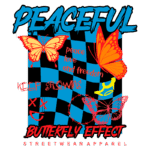 Design gráfico de streetwear com tema "Butterfly Effect", apresentando borboletas coloridas e frases como "peace, love and freedom" e "keep growing". Estilo vibrante e moderno, ideal para moda urbana.